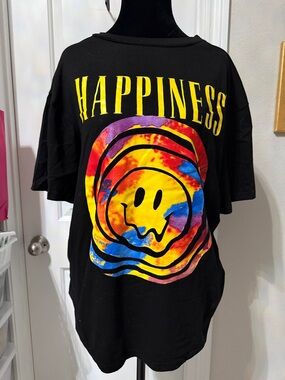 Happiness Black Graphic Oversized Tee with Tie-Dye Smiley